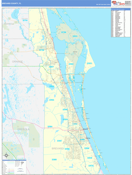 Brevard County FL Zip Code Wall Map Basic Style By MarketMAPS