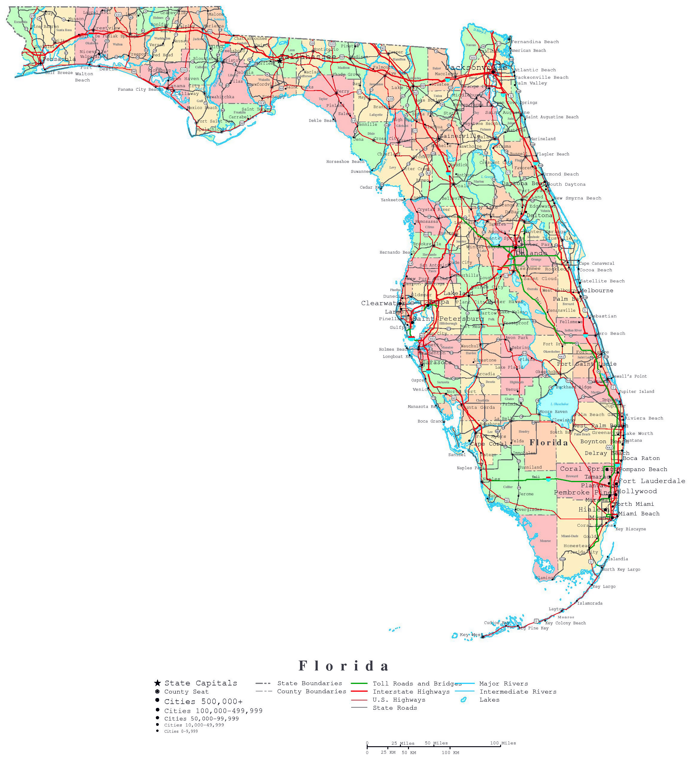 Detailed Administrative Map Of Florida State With Roads Highways And 