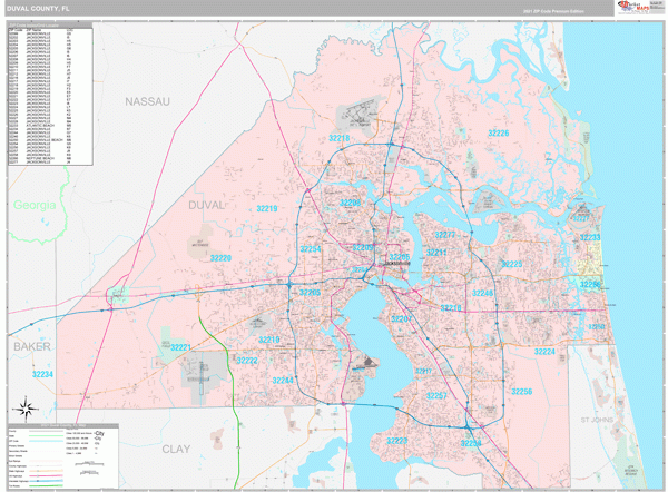 Duval County FL Wall Map Premium Style By MarketMAPS