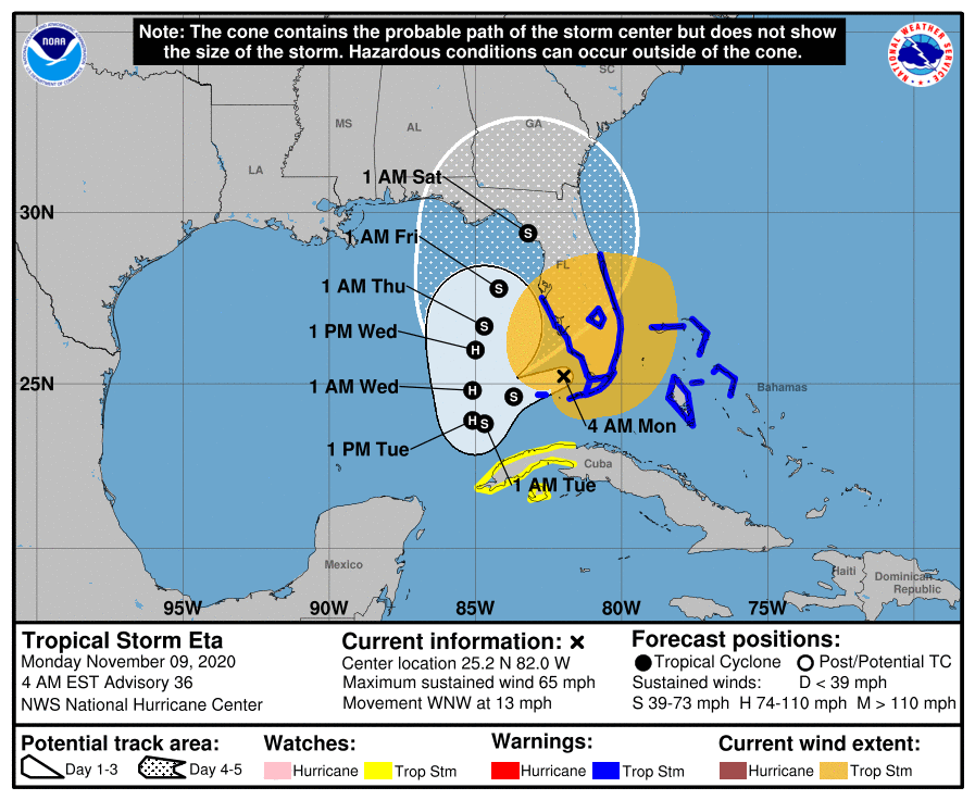 Eta Path Tracker As Tropical Storm Strikes Florida Hurricane Warning 