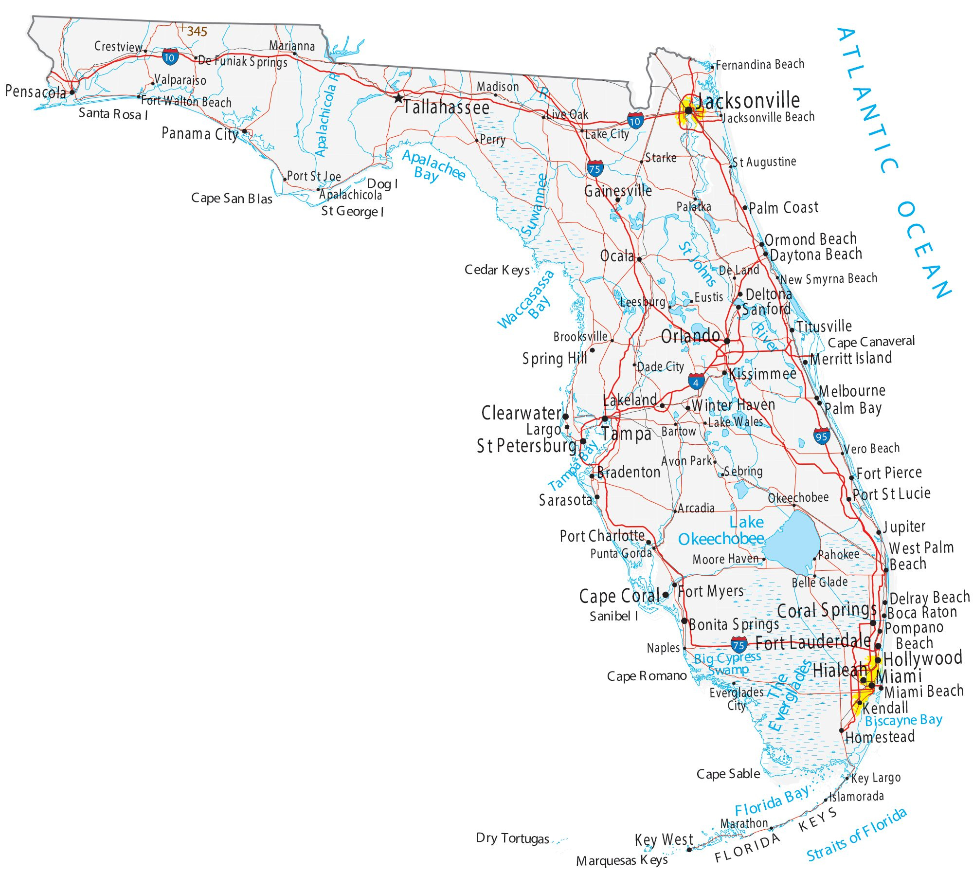 Florida Map Roads Cities Large MAP Vivid Imagery 12 Inch BY 18 
