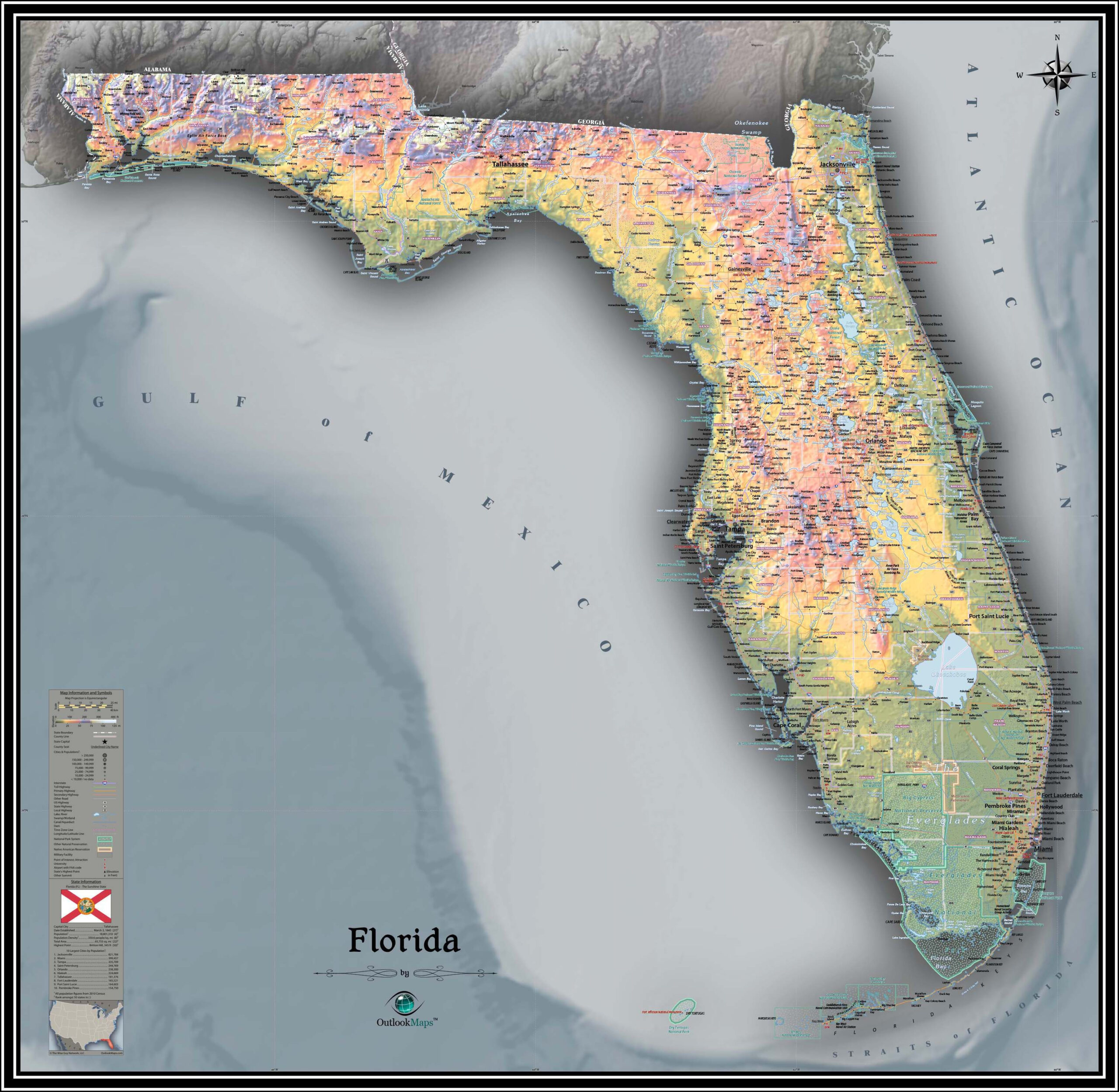 Florida Physical Wall Map By Outlook Maps