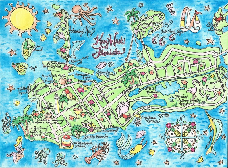 Key West Florida Watercolor Map Art Print Etsy