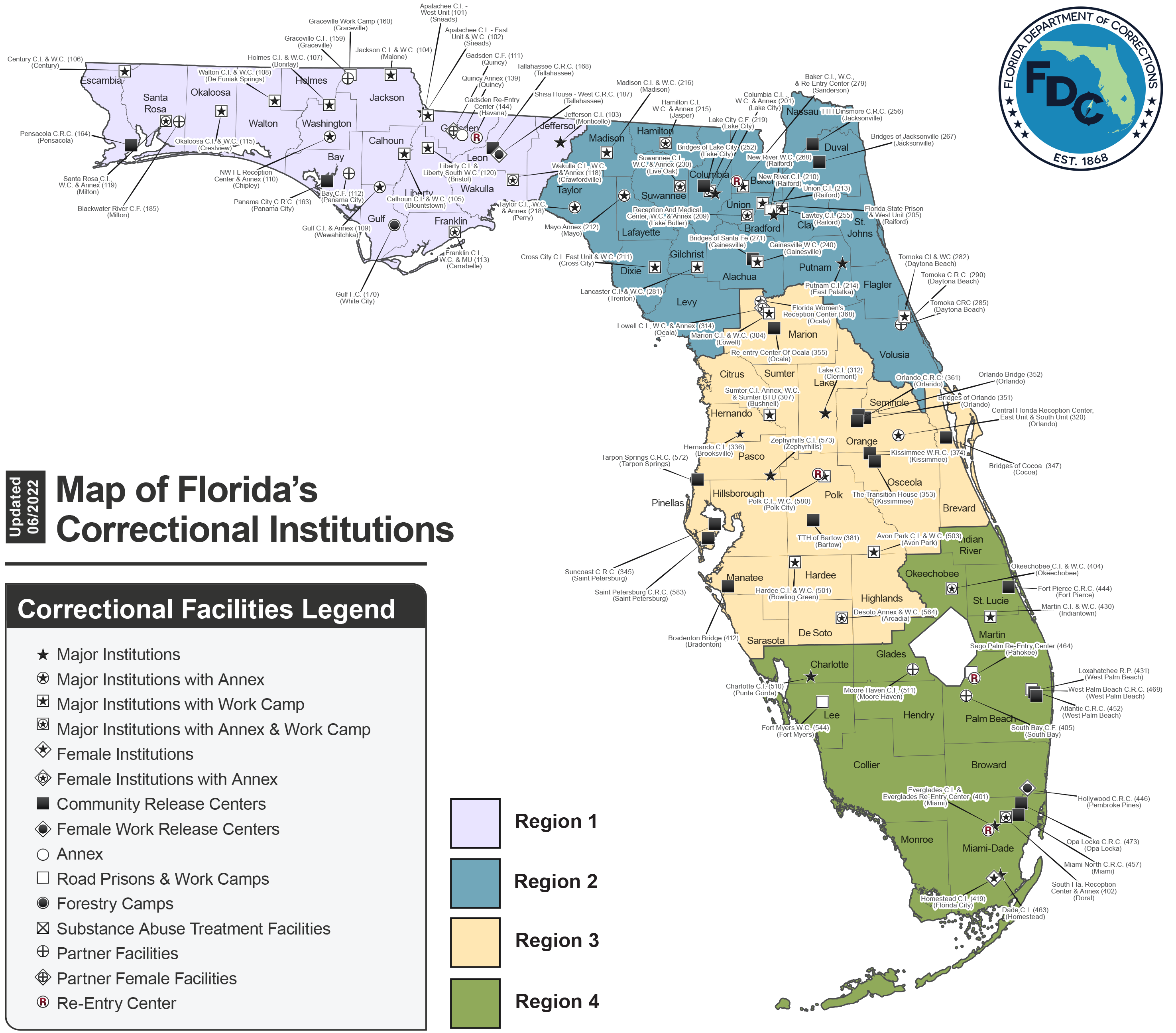 Large Institutions Map Florida Department Of Corrections