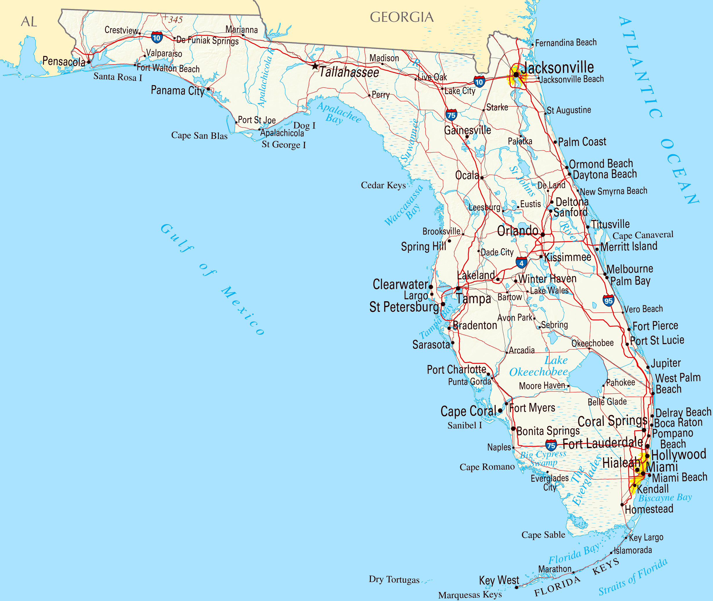 Large Roads And Highways Map Of Florida State With Cities Poster 20 X 