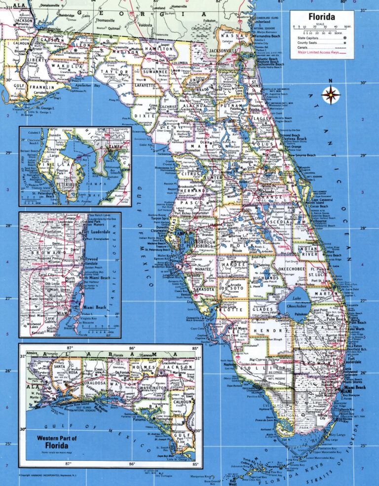 Map of florida showing county with cities road highways counties towns