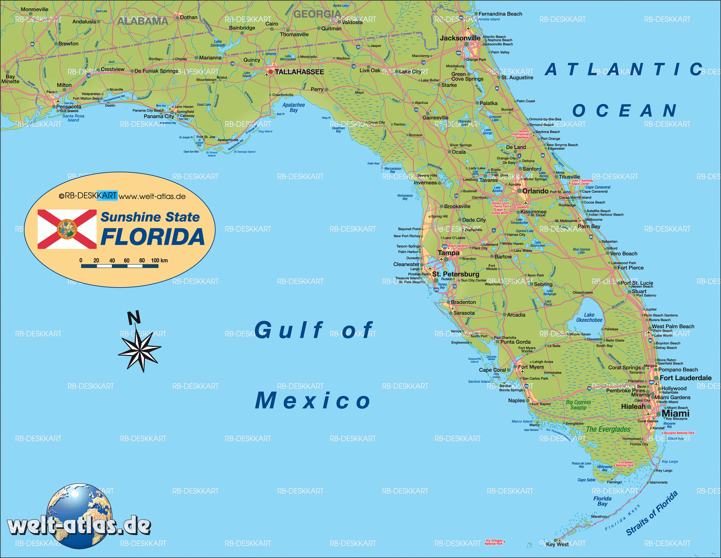 Map Of Florida State Section In United States USA Welt Atlas de