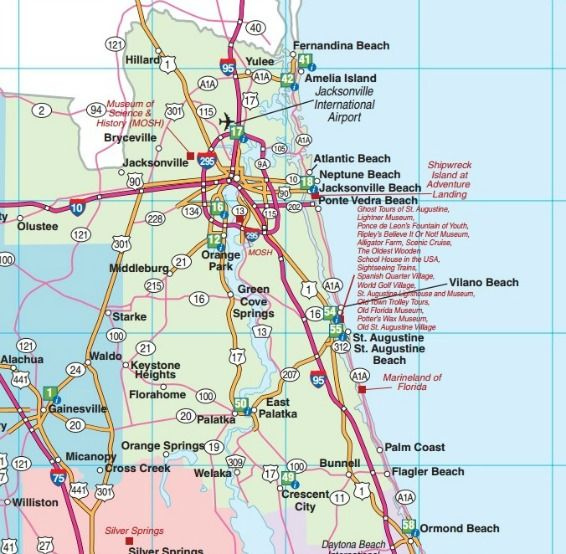Northeast Florida Road Map Showing Main Towns Cities And Highways 