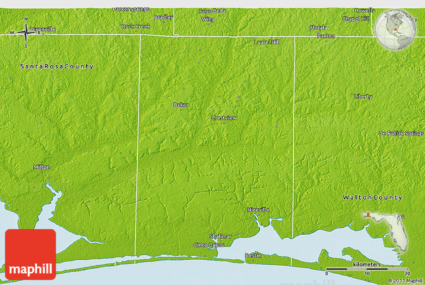 Physical 3d Map Of Okaloosa County 