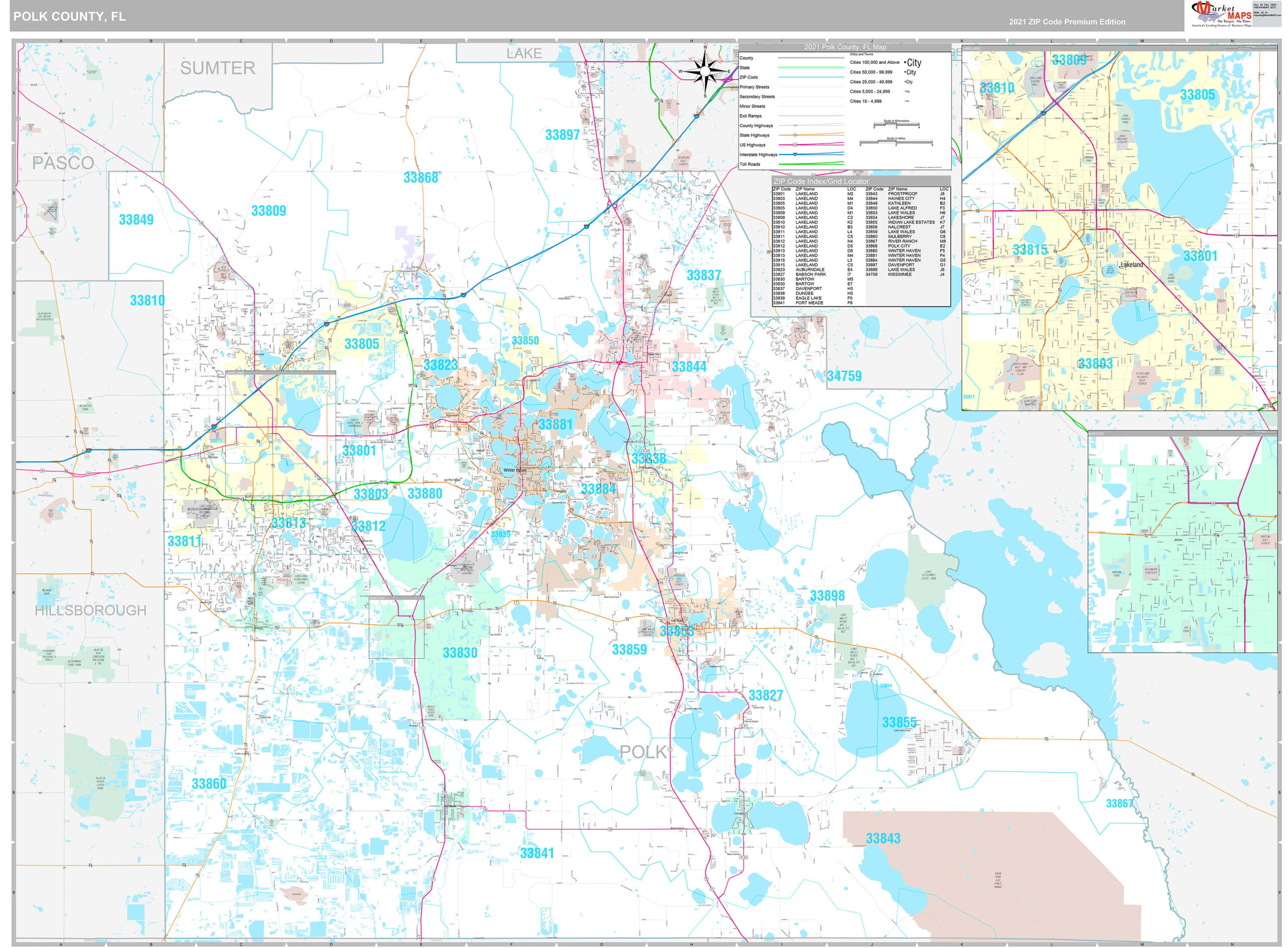 Polk County FL Wall Map Premium Style By MarketMAPS