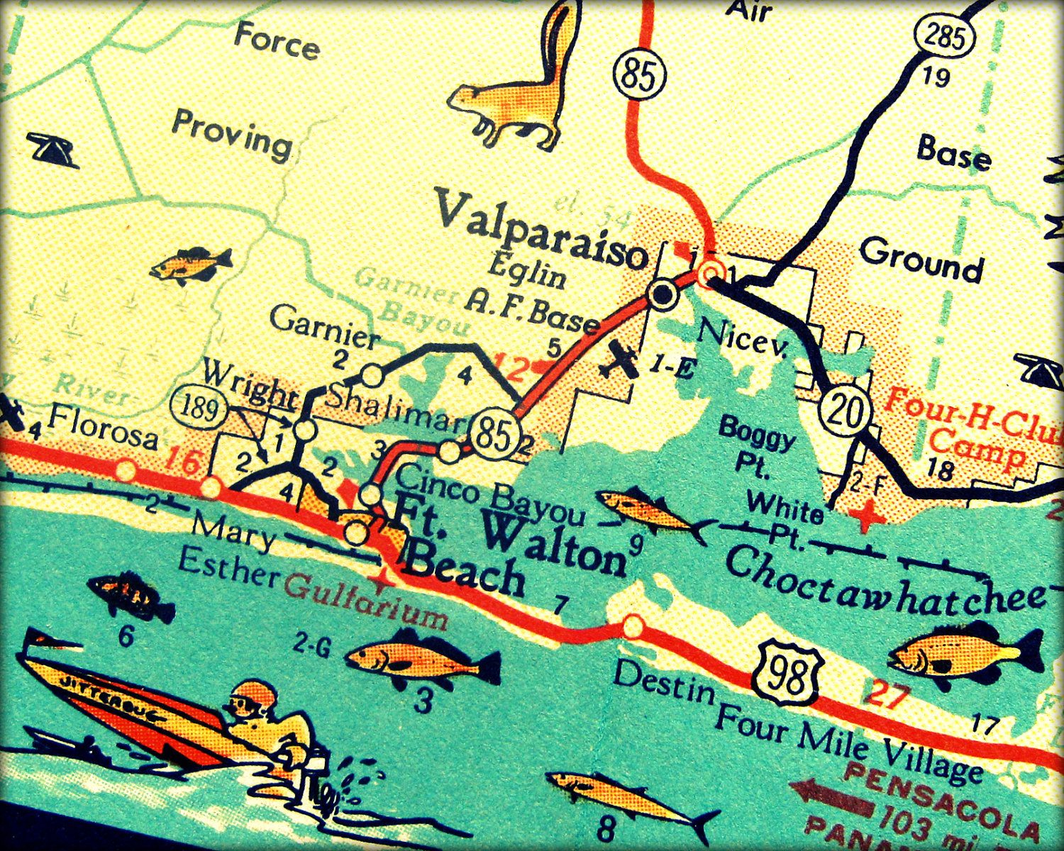Vintage Map DESTIN Florida Beach Decor 1960s Art Print Ft Walton Beach 