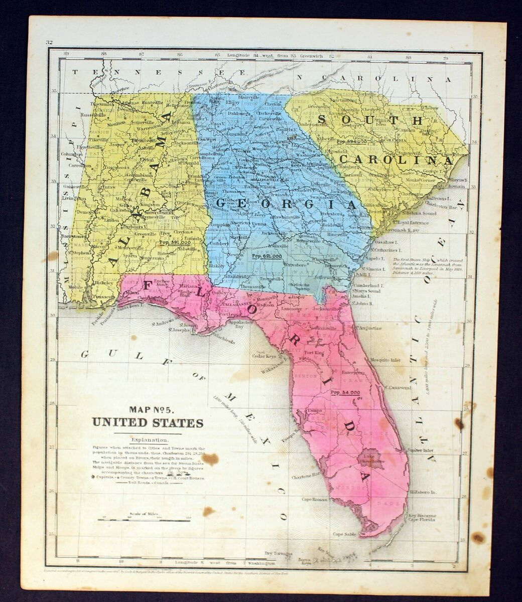 1848 Map Florida Georgia Alabama South Carolina Hand Colored Steel throughout Map Of South Carolina Georgia And Florida