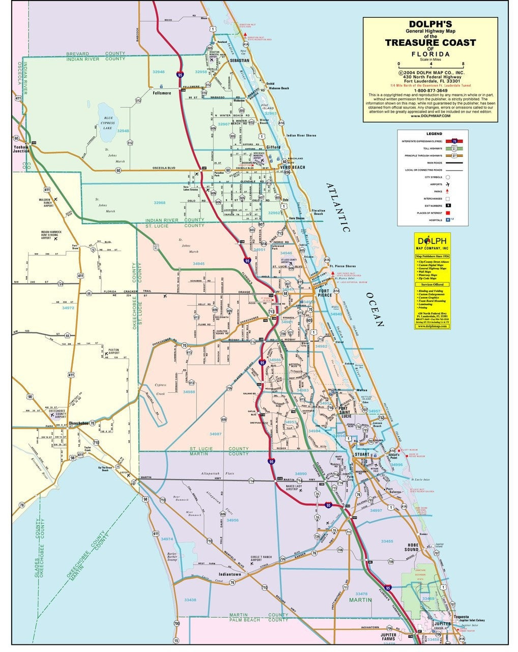 3 County Treasure Coast General Highway Map | Dolph Map Company for Map Of The Treasure Coast Florida