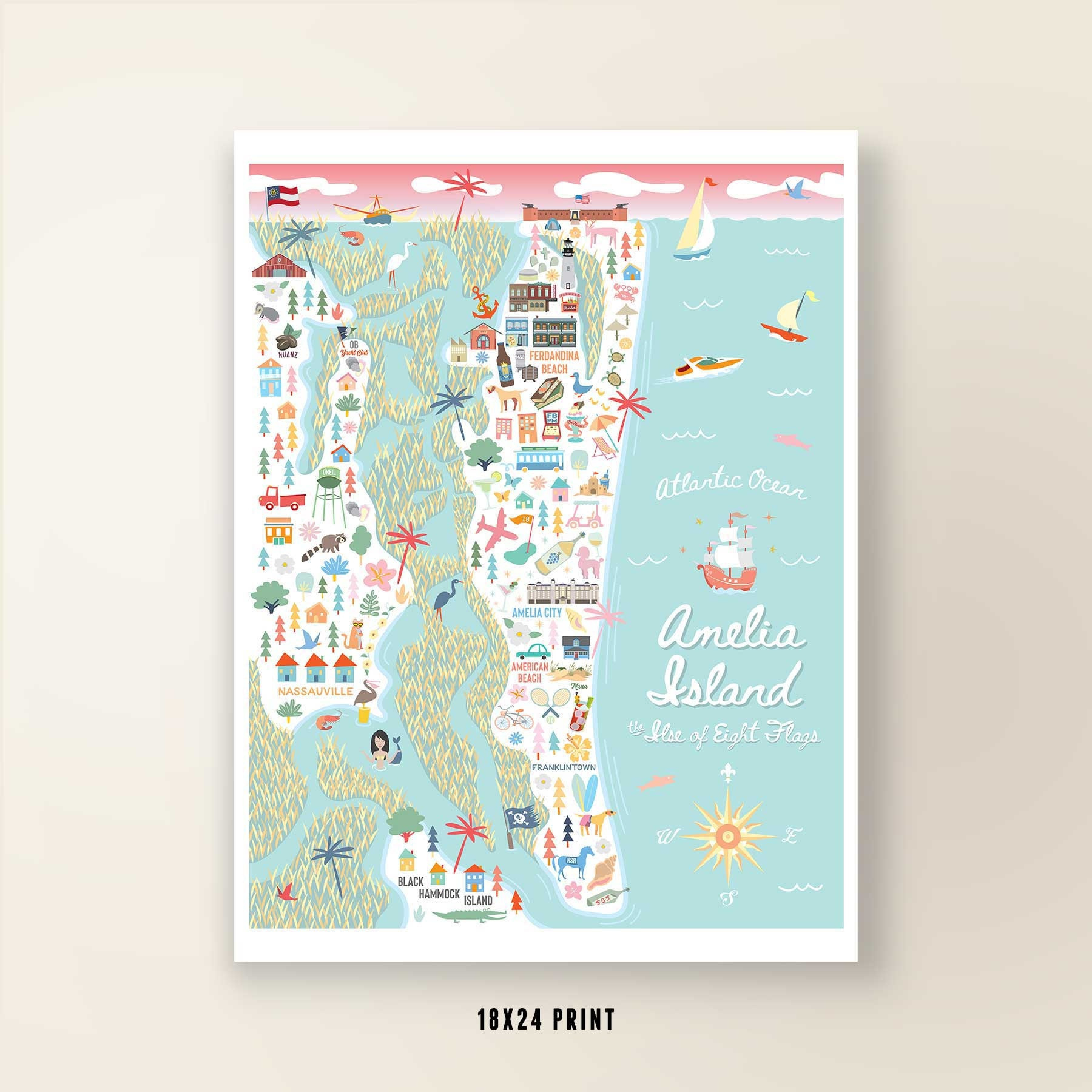 Amelia Island Fl Map Art Wall Decor | City Map Amelia Island throughout Map of Amelia Island in Florida