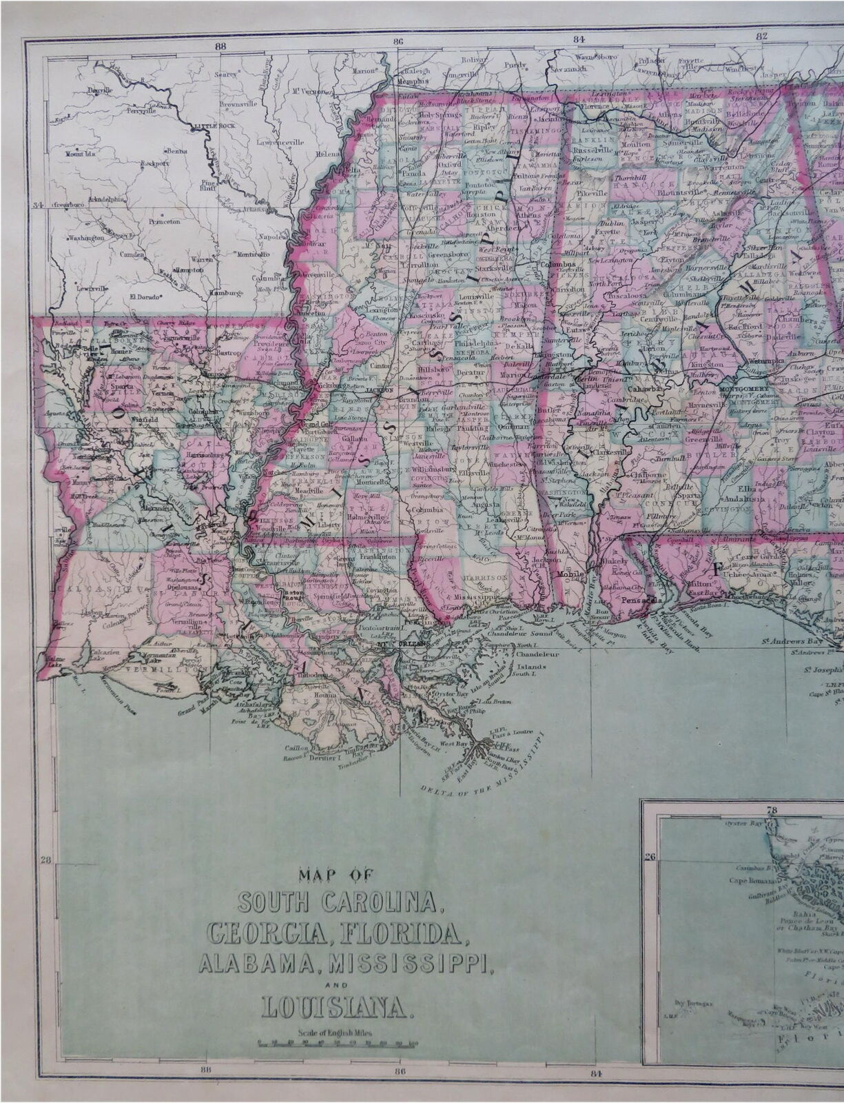 American South Florida Louisiana Alabama Georgia Mississippi 1873 in Map Of Louisiana To Florida