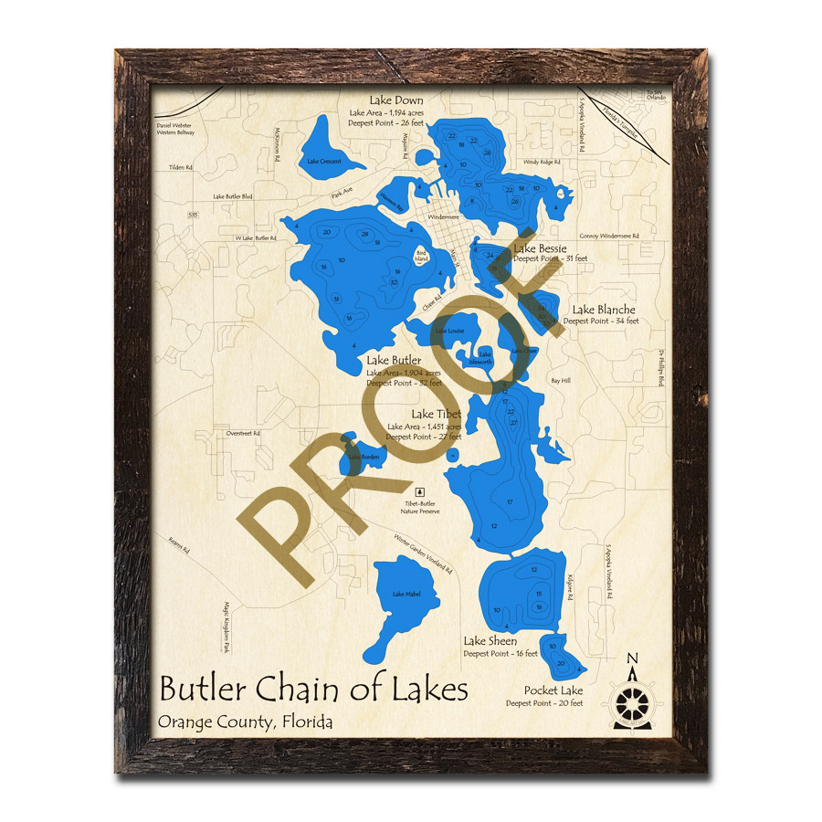 Butler Chain Of Lakes, Fl Wood Map | 3D Topographic Wood Chart within Chain of Lakes Florida Map