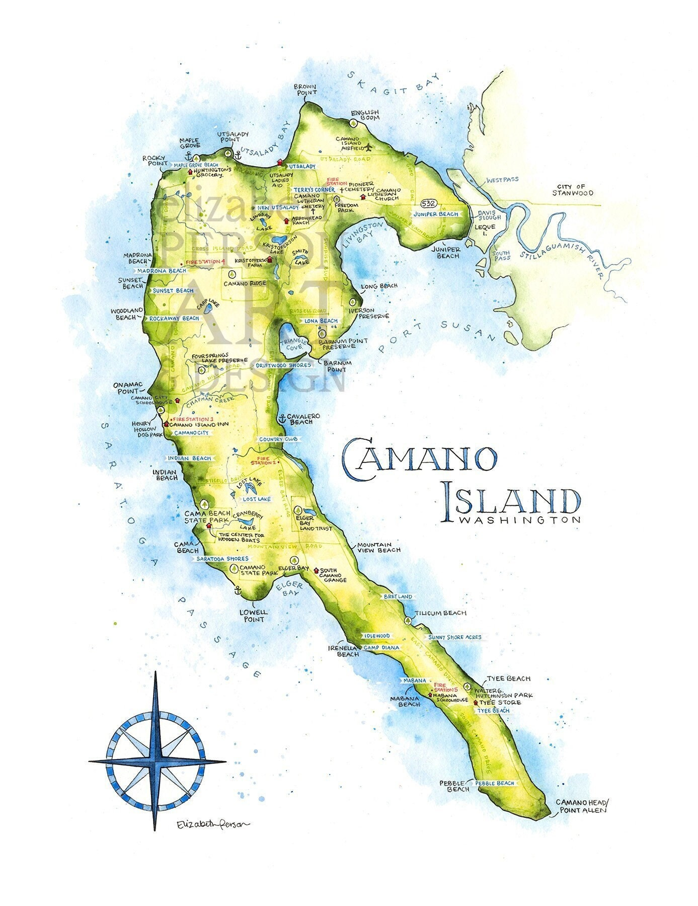 Camano Island Map Watercolor Illustration Island Stanwood Cama with Map Of Camino Island Florida