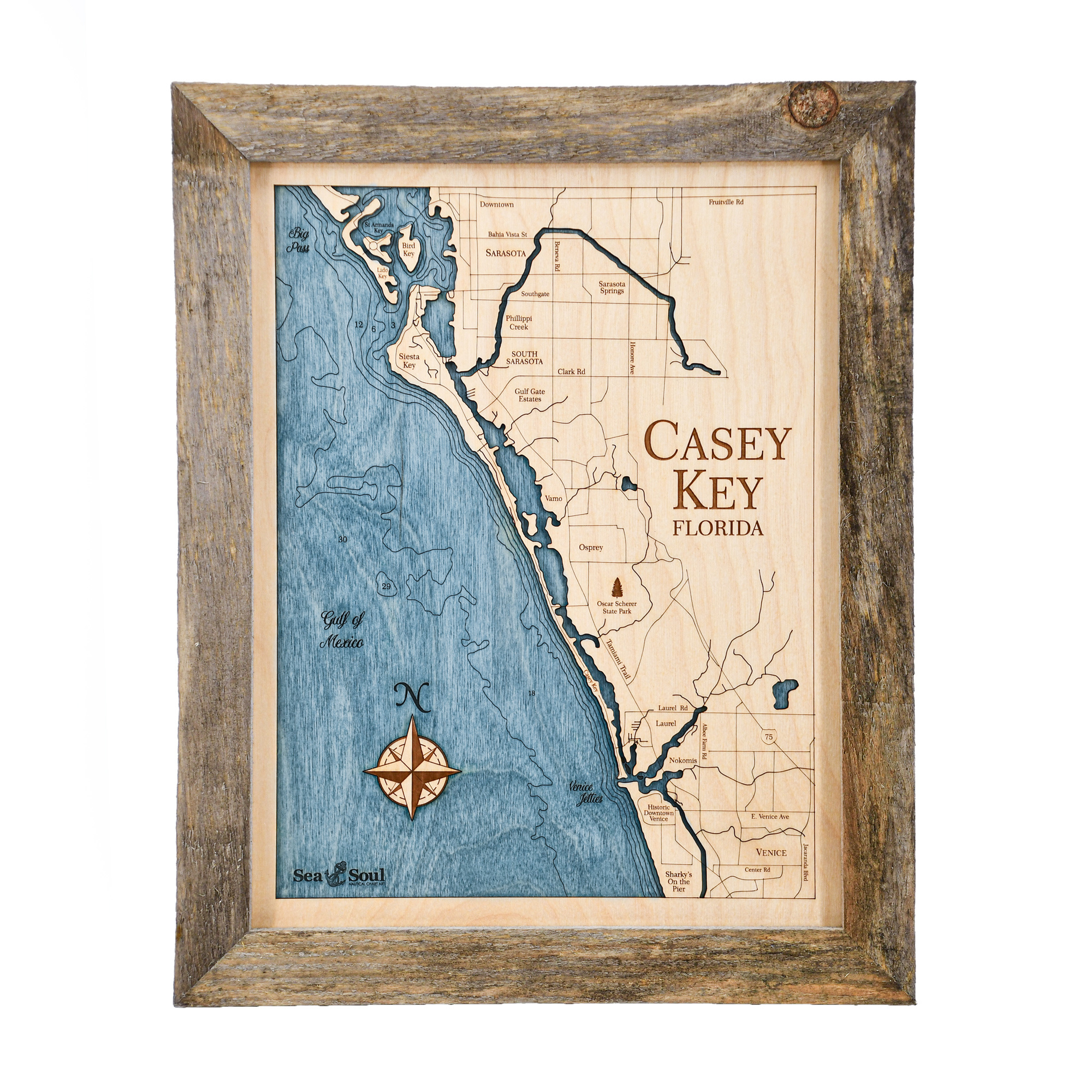 Casey Key Wall Art - Two-Level 3D Wood Map - Sea And Soul Charts regarding Map of Casey Key Florida