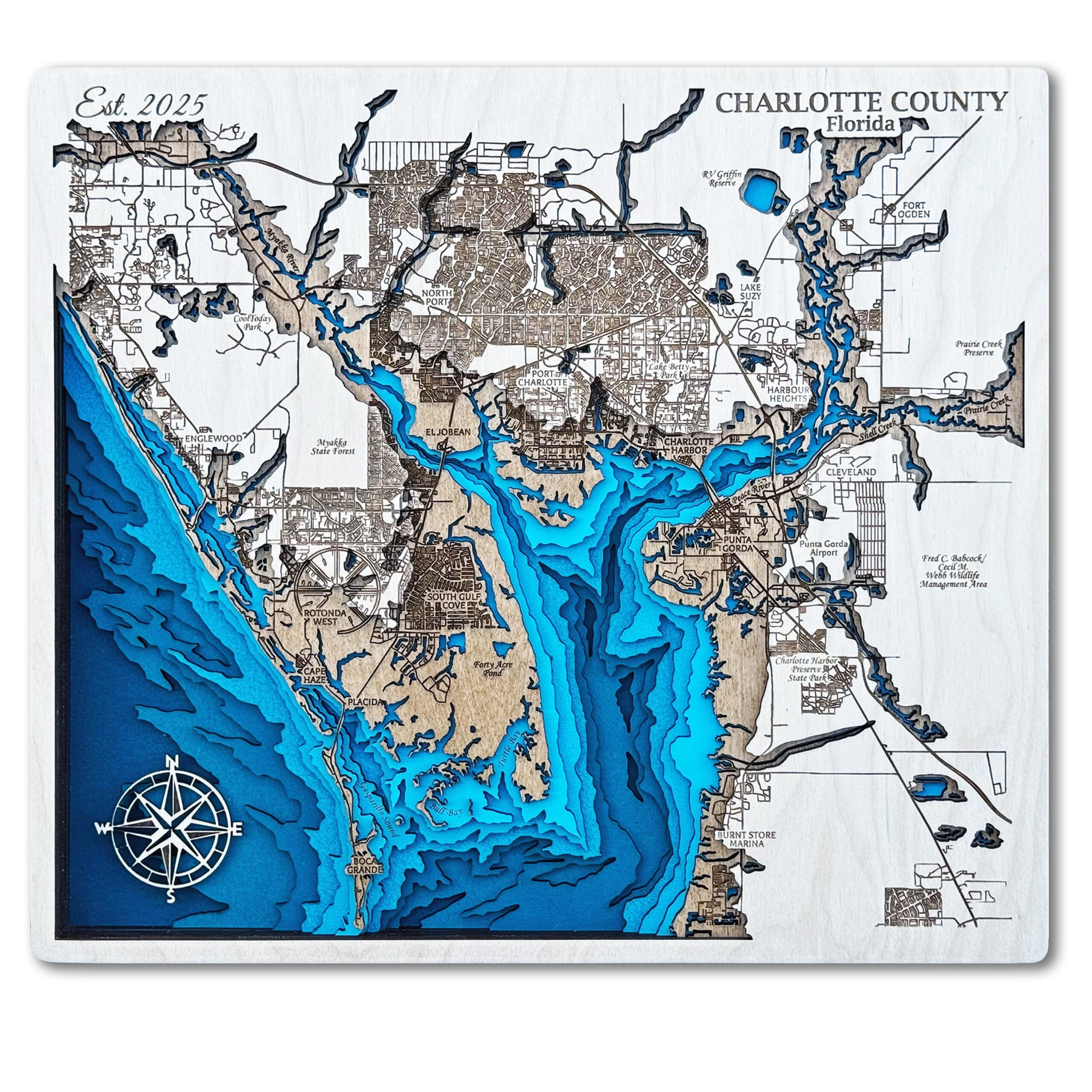 Charlotte County Florida 3D Wood Map Include Charlotte Harbor regarding Elevation Map of Charlotte County Florida