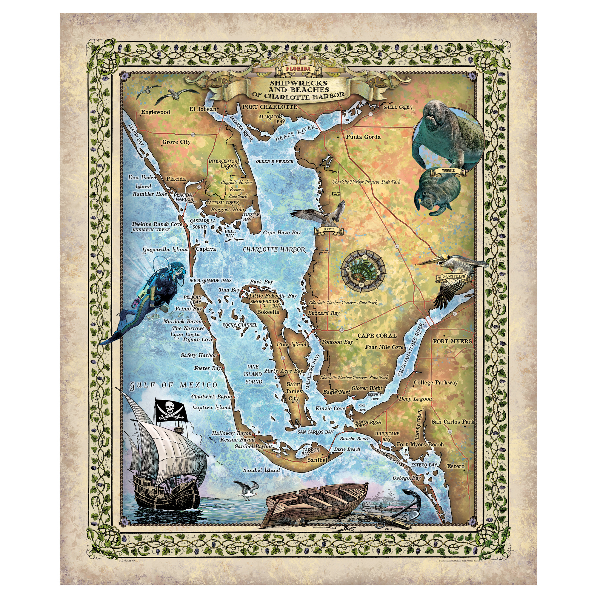 Charlotte Harbor Florida Map Art Print Poster Vintage Wall Home for Map of Charlotte Harbor Florida