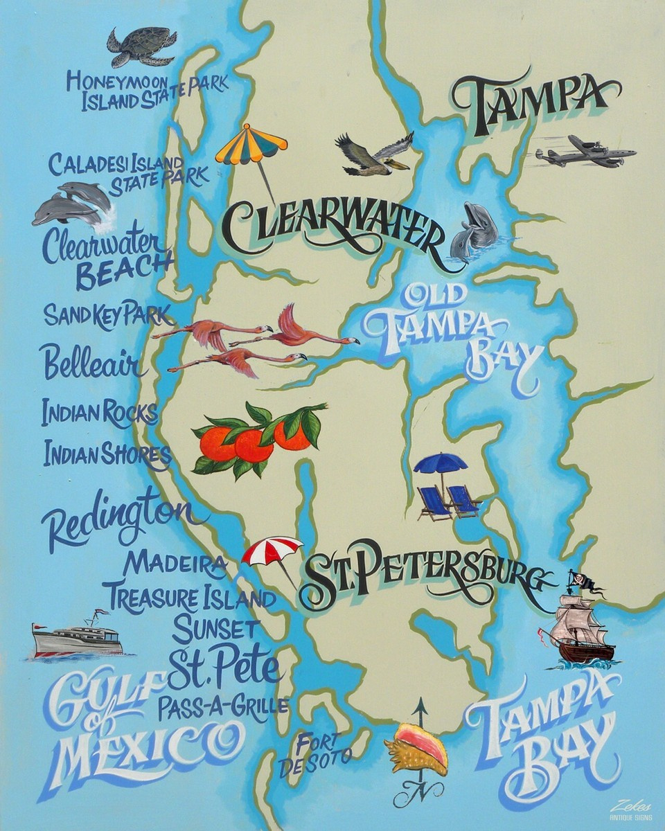 Clearwater Tampa St. Petersburg Florida Beach Map Print Art Decor inside Map Of Tampa St Petersburg Florida