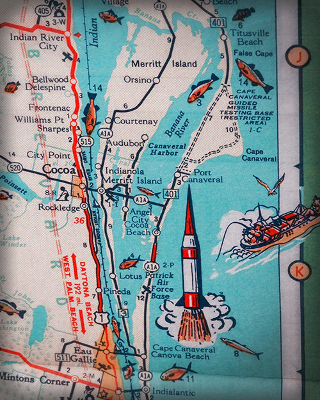 Cocoa Beach Cape Canaveral Merritt Island Retro Beach Map Print Funky Vintage Turquoise Photo Of Florida East Coast - Etsy.de inside Cocoa Beach On Map Of Florida