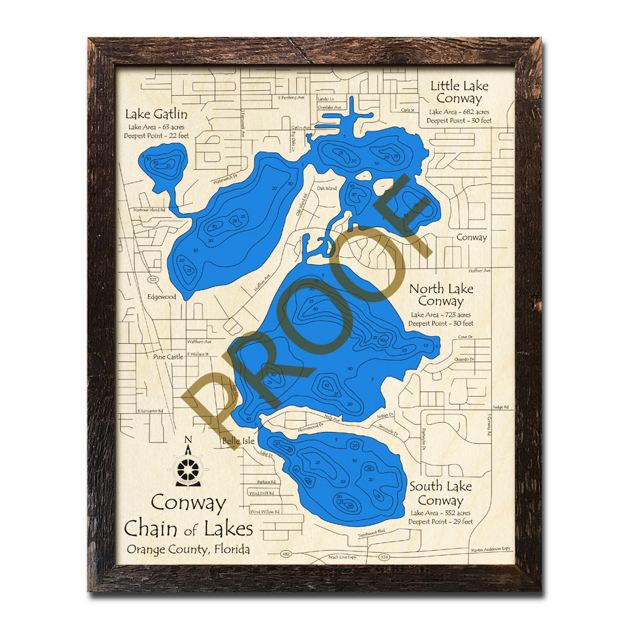 Conway Chain Of Lakes, Fl Wood Map | 3D Topographic Wood Chart intended for Chain Of Lakes Florida Map
