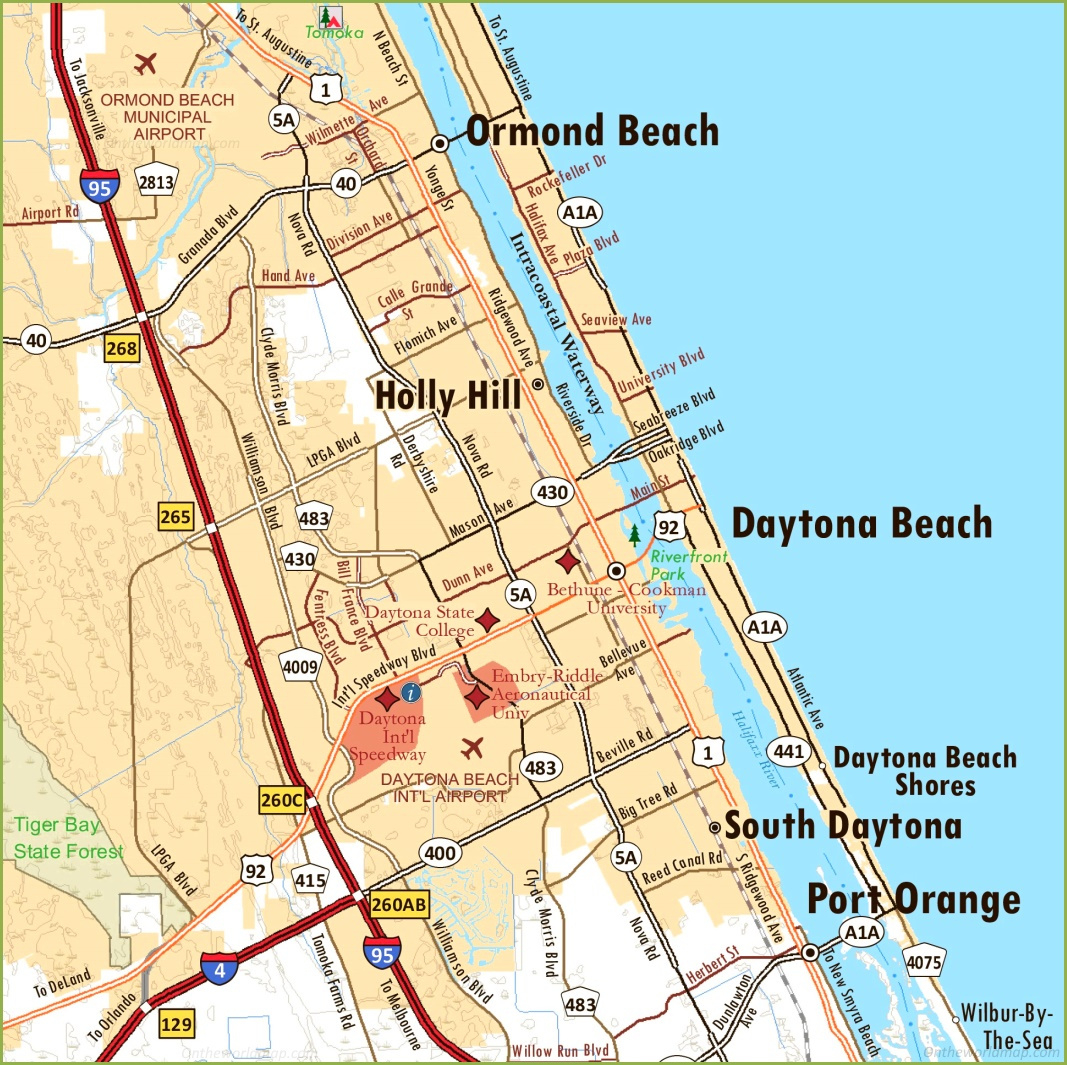 Daytona Beach Area Road Map - Ontheworldmap inside Street Map Of Daytona Beach Florida