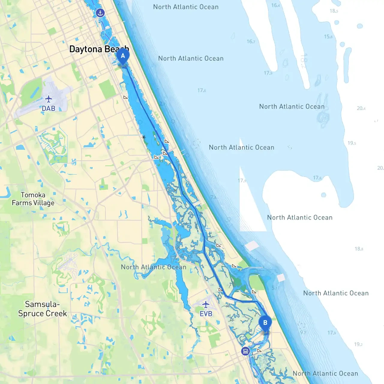 Daytona Beach To New Smyrna Beachboat - Savvy Navvy Smart Routing inside Map Of Florida New Smyrna Beach