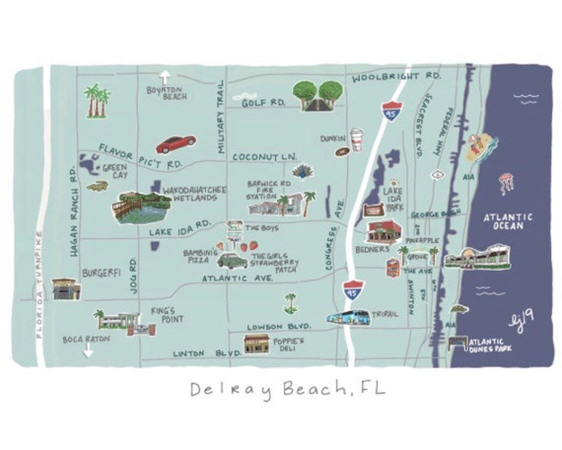 Delray Beach Map Art Prints -Florida Artwork - Delray Illustration - South Florida Original Art - Delray Landmark Map for Delray Beach On Map Of Florida