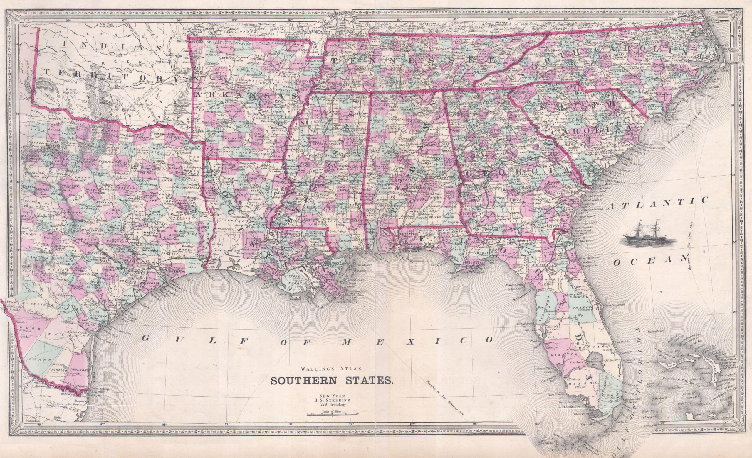 File:1868 Walling Map Of Texas, Florida And The Southern States with regard to Map Of Texas And Florida