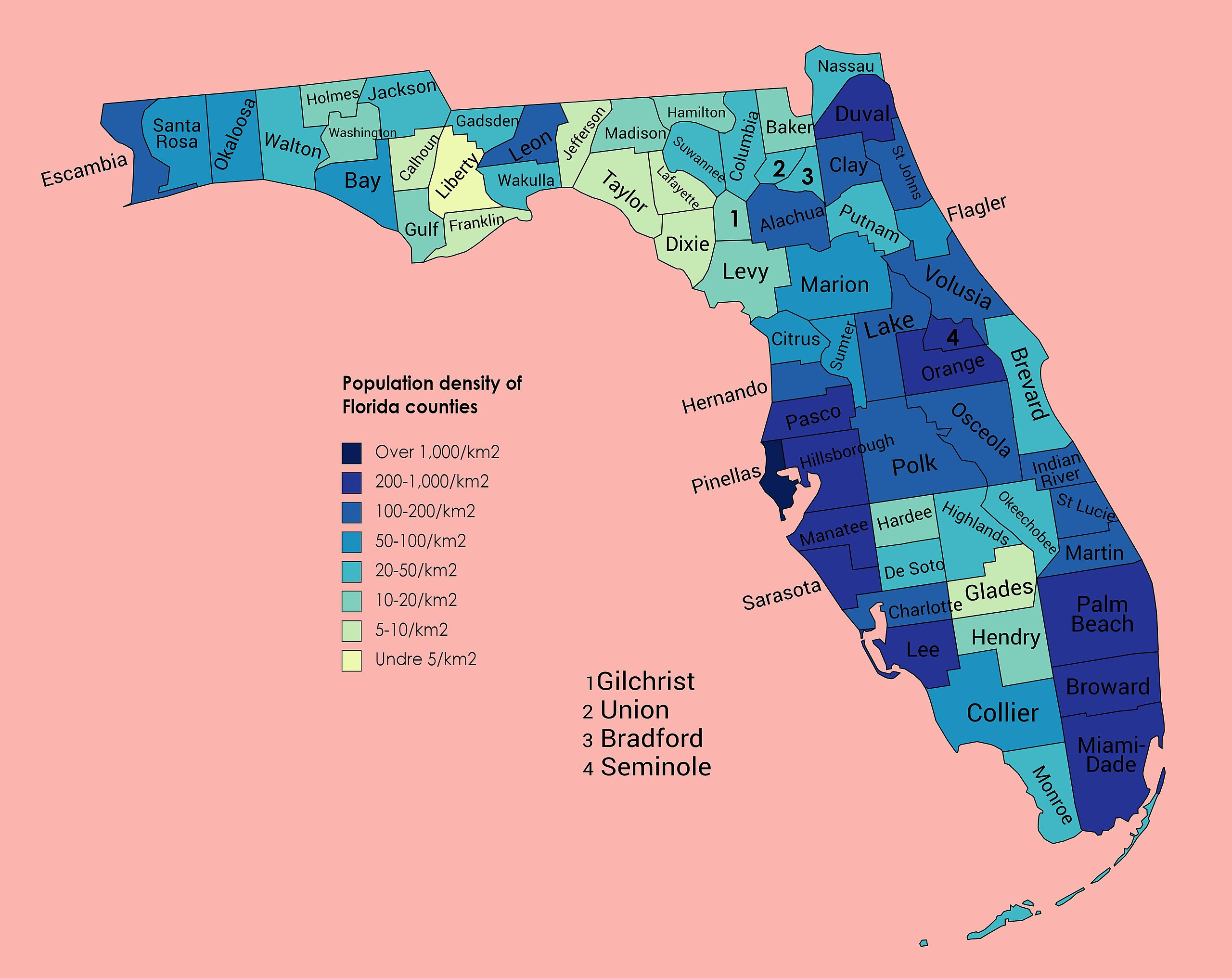 File:population Density Of Florida Counties (2020) - Wikimedia regarding Map Of Florida Population Density