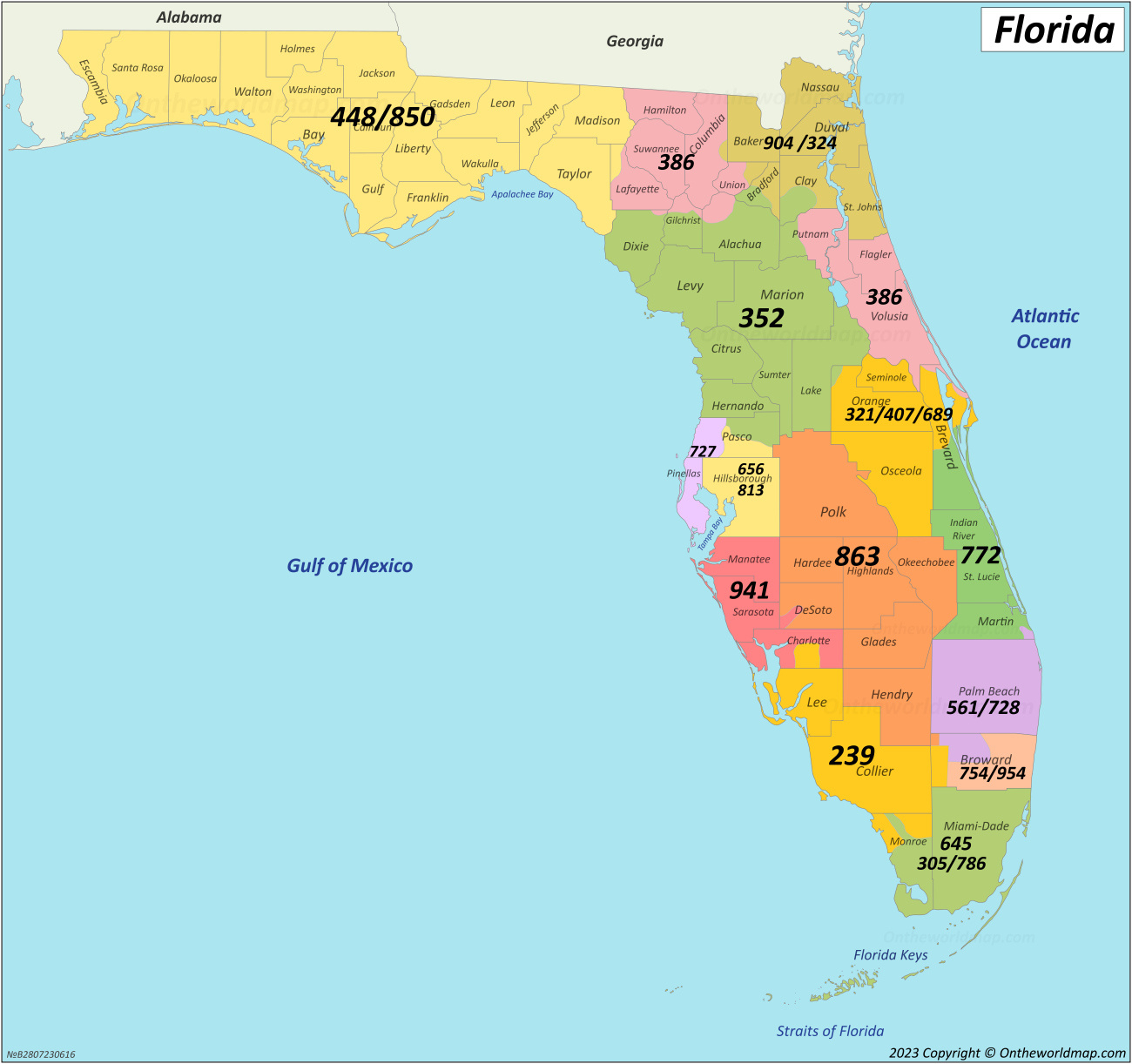 Florida Area Codes Map - Ontheworldmap throughout Area Code Map of Florida