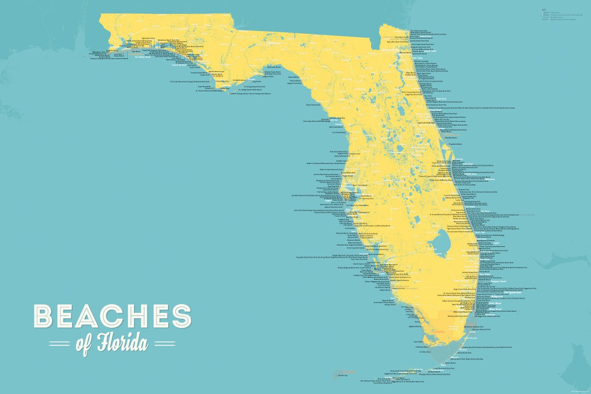 Florida Beaches Map 24X36 Poster (Marigold &amp;amp; Turquoise) #873 | Ebay regarding Map Of Gulf Beaches In Florida