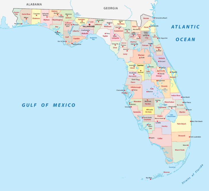 Map of Florida Showing Counties and Cities