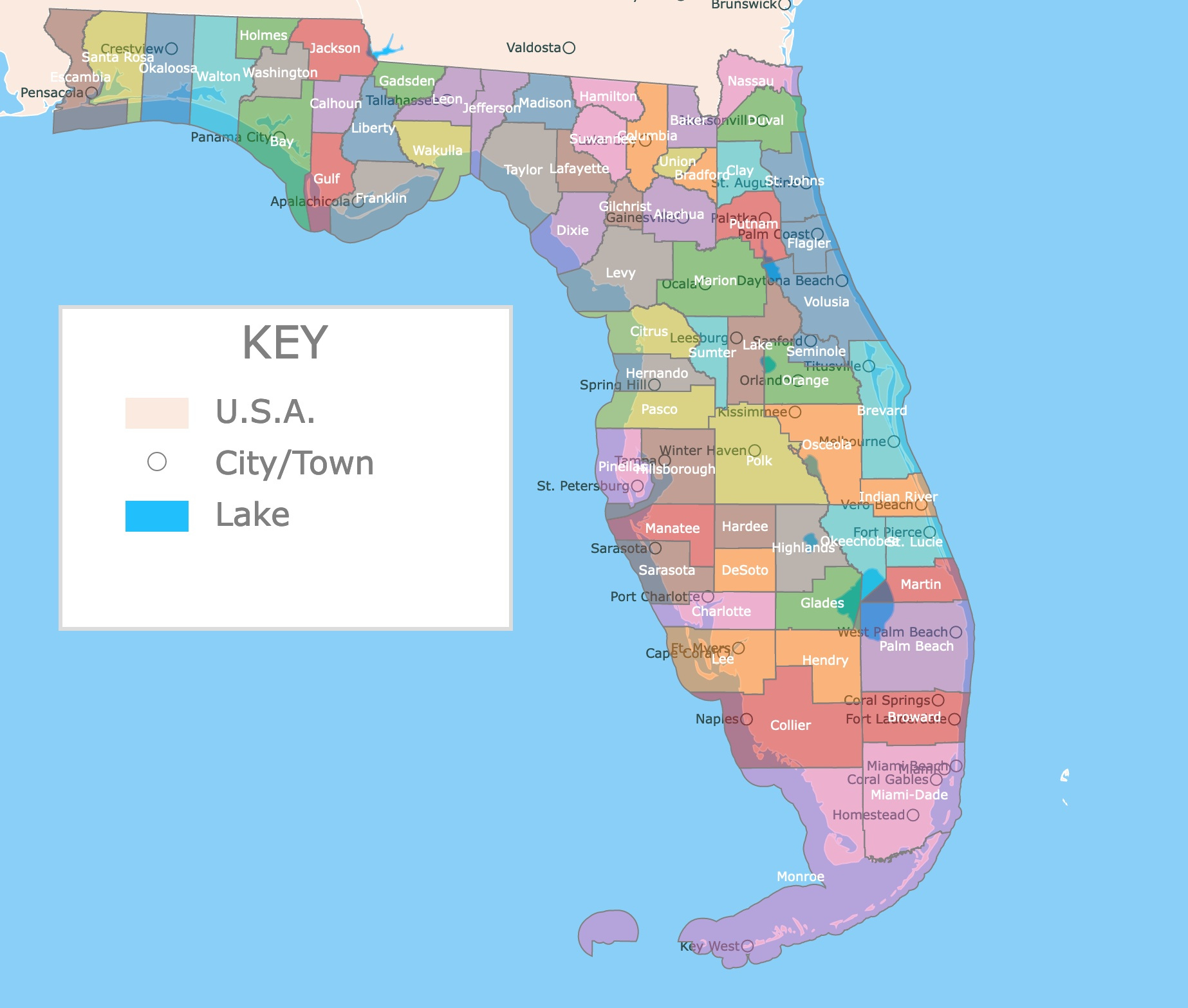 Florida County Map in Map of Counties in Florida with Cities