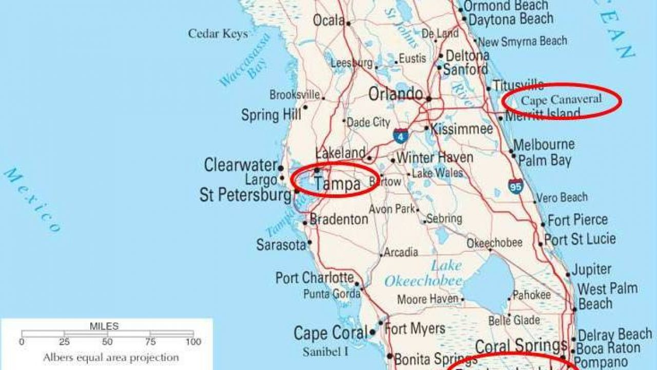 Florida Cruise Port Choices with Cape Canaveral on Map of Florida