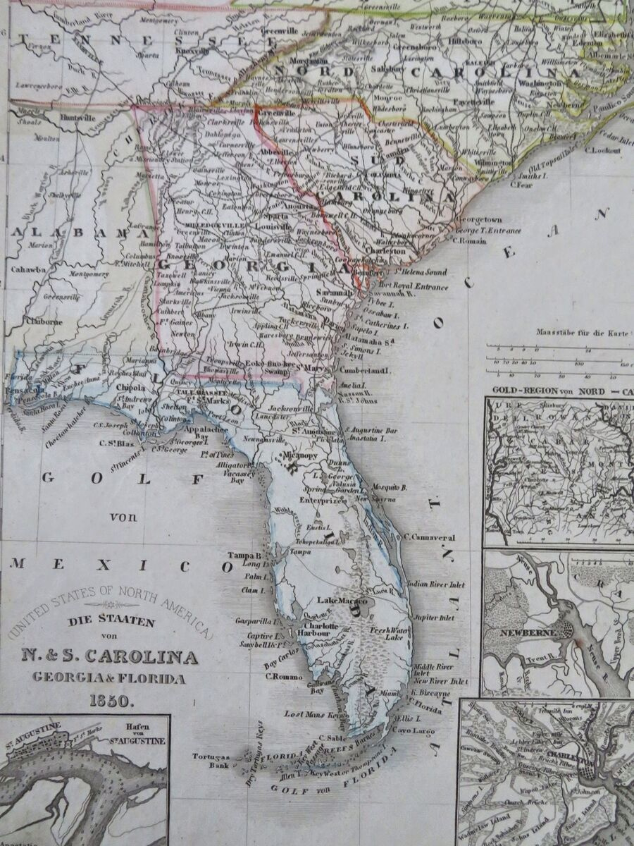 Florida Georgia North &amp;amp; South Carolina Charleston St. Augustine 1850 Meyer Map in Map Of South Carolina To Florida