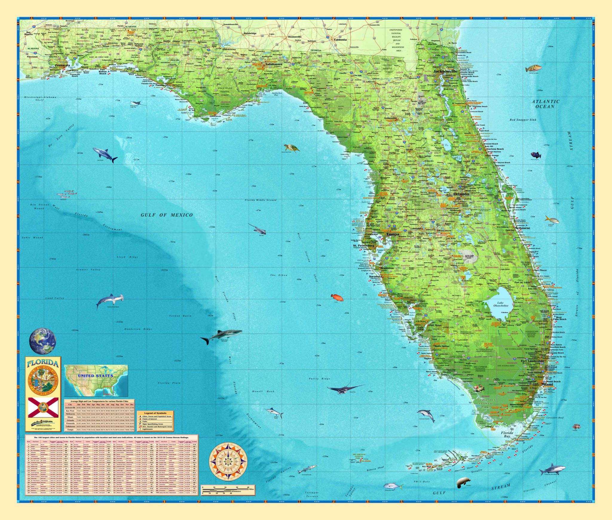 Florida Illustrated State Wall Mapcompart - The Map Shop intended for Map of Florida Latitude and Longitude