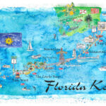 Florida Keys Key West Marathon Key Largo Illustrated Travel Poster For Tourist Map Of Florida Keys