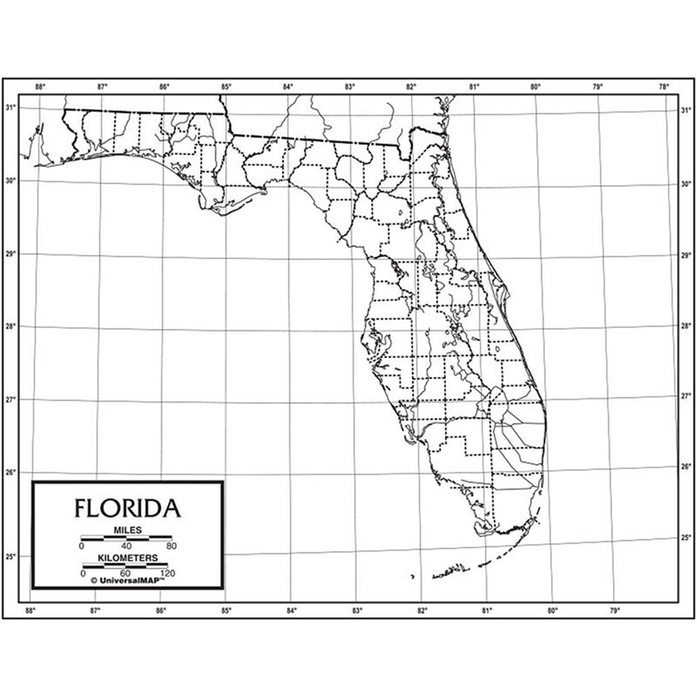Florida Outline Map, Laminated, Pack Of 50 - Uni21231 | Kappa Map with Map of Florida Latitude and Longitude