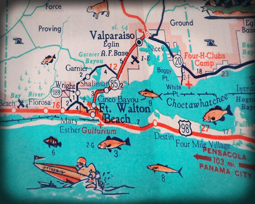 Florida Panhandle Fort Walton Beach Destin Retro Beach Map Print Funky Vintage Turquoise Photo - Etsy.de with regard to Map of Walton Beach Florida