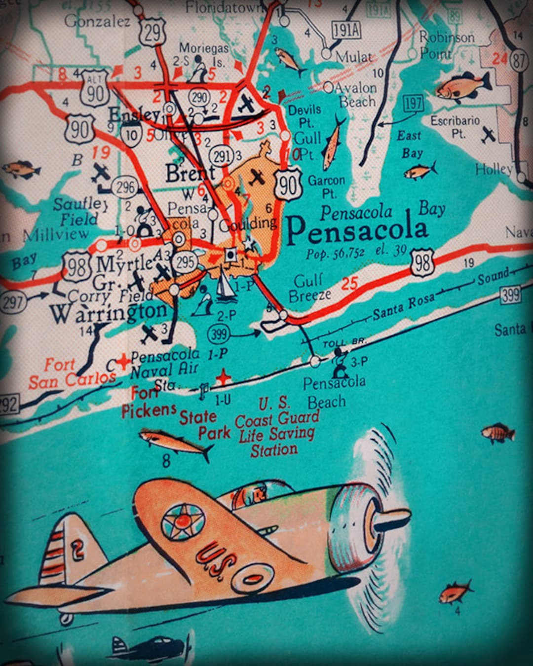 Florida Panhandle Pensacola Beach Retro Map Print Funky Vintage Turquoise Photo Warrington Us Coast Guard - Etsy.de with regard to Map of Florida with Pensacola