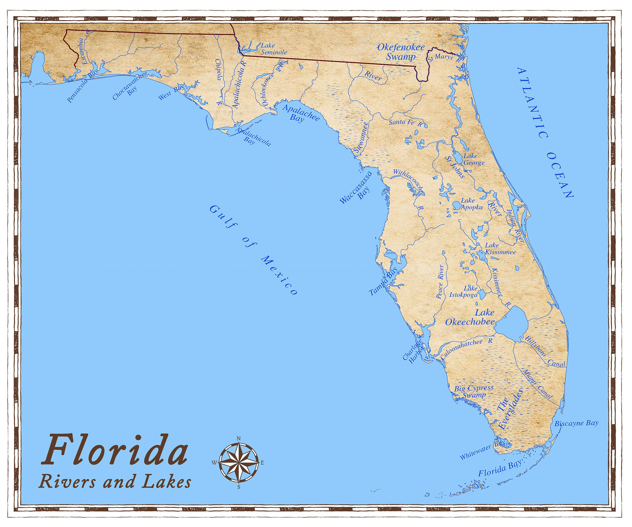 Florida Rivers And Lakes Map - Etsy within Map of Florida with Lakes