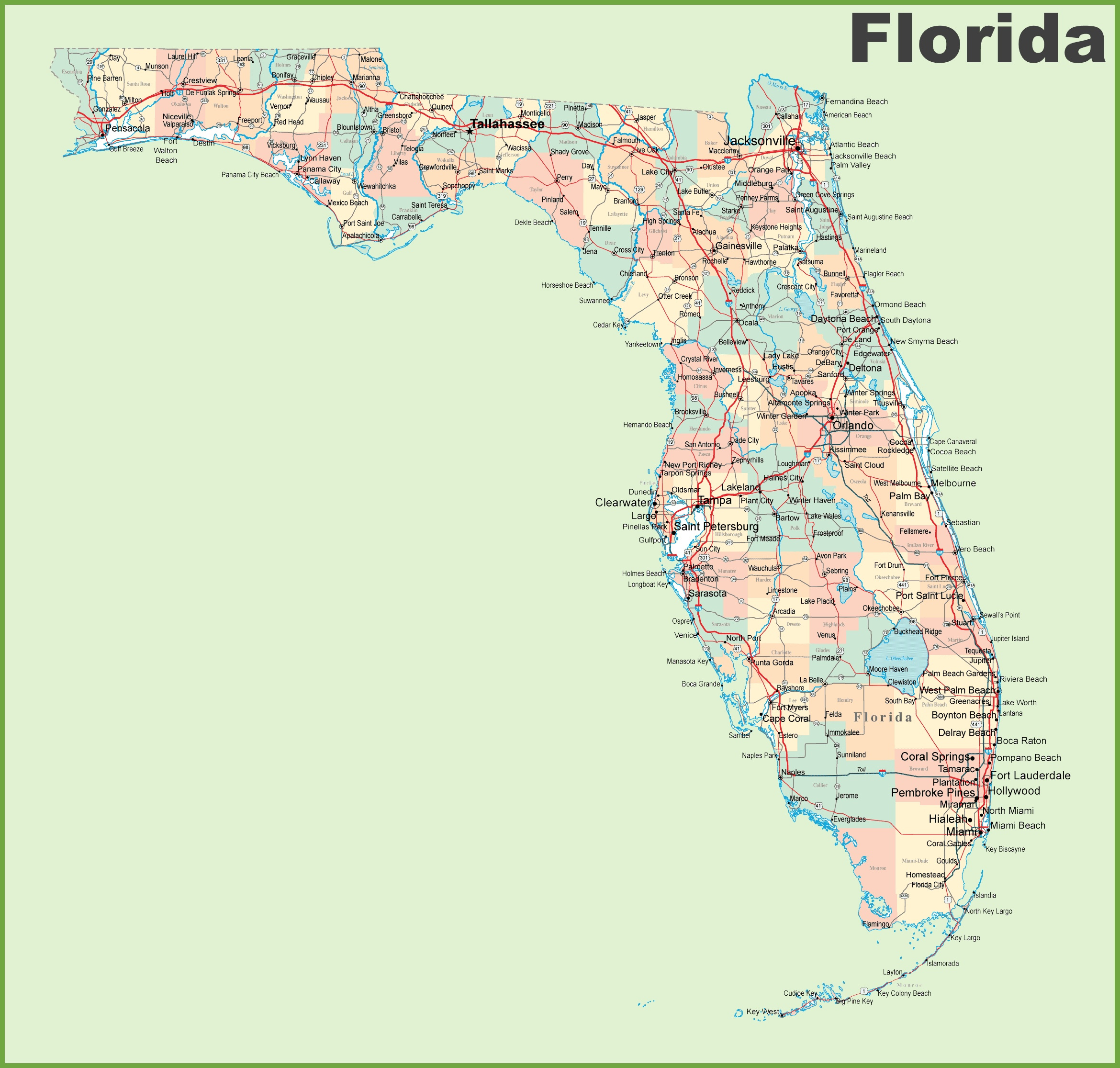 Florida Road Map With Cities And Towns - Ontheworldmap intended for Map Of Florida East Coast Towns