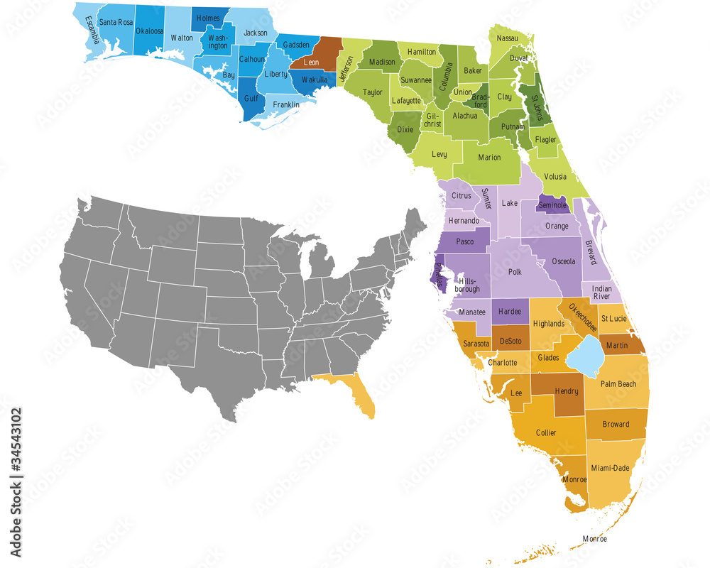 Florida State Counties Map With Boundaries And Names Stock Vector for State Of Florida Counties Map