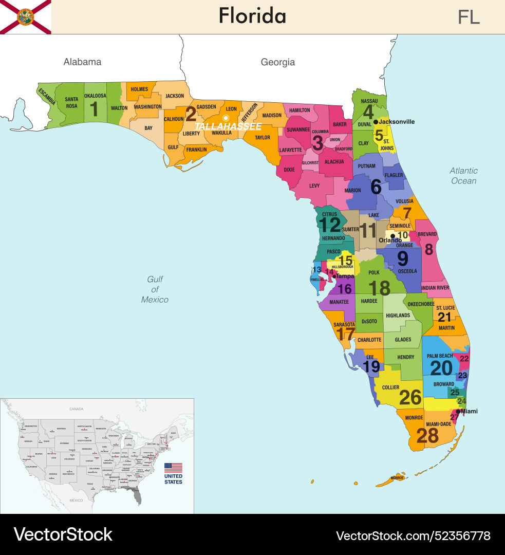 Florida State Map With County Borders Royalty Free Vector for Map Of The State Of Florida With Counties