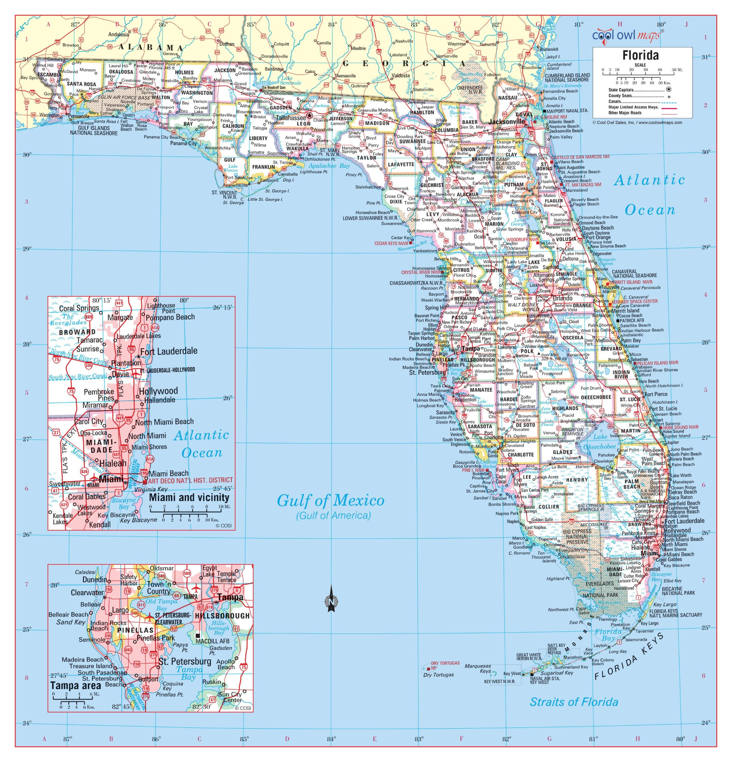 Florida State Wall Map Large Print Poster - Etsy in Map Of Florida Georgia State Line