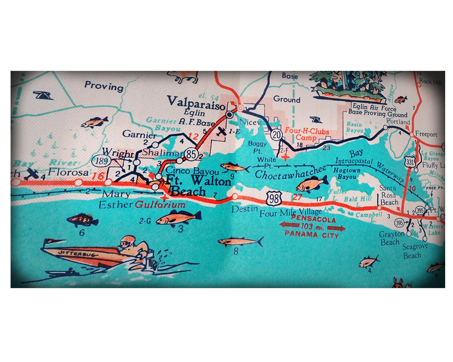 Ft. Walton Beach Destin Retro Beach Map Panoramic Print Funky for Map of Beaches Near Destin Florida