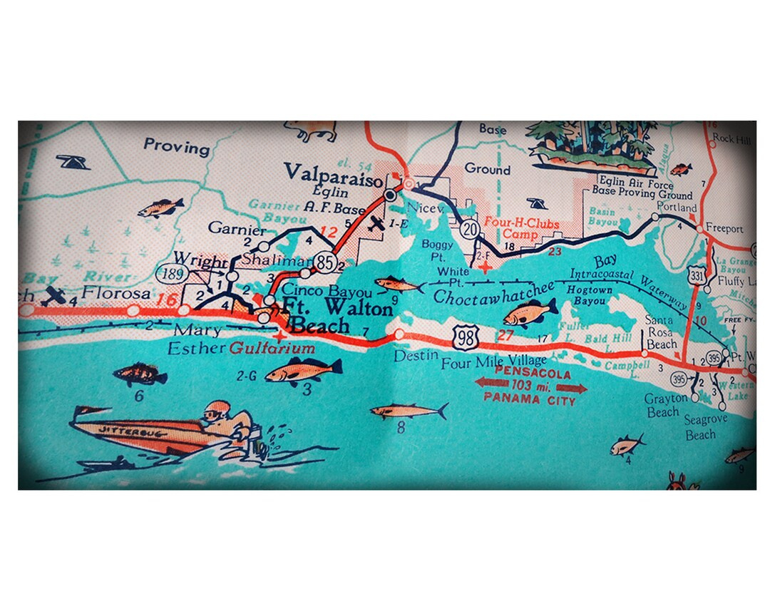 Ft. Walton Beach Destin Retro Beach Map Panoramic Print Funky throughout Map Of Florida Showing Destin
